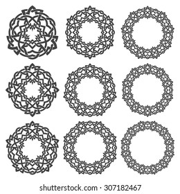 Set of magic knotting rings. Nine circular decorative elements with stripes braiding for your design