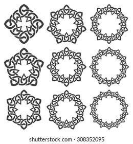 Set of magic knotting rings. Nine circular decorative elements with stripes braiding for your design
