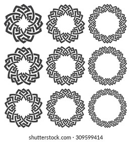 Set of magic knotting rings. Nine circular decorative elements with stripes braiding for your design