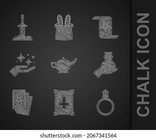 Set Magic lamp or Aladdin, Ancient magic book, stone ring with gem, Bottle potion, Three tarot cards, Sparkle stars trick,  and Sword the icon. Vector