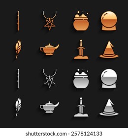 Set Magic lamp or Aladdin, ball, Witch hat, Sword the stone, feather, cauldron, wand and Pentagram necklace icon. Vector