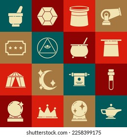 Set Magic lamp or Aladdin, Bottle with love potion, Magician hat, Masons, Ticket, mortar and pestle and Witch cauldron icon. Vector