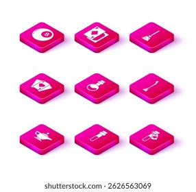 Set Magic lamp or Aladdin, Bottle with love potion, Playing cards, Witches broom,  and  icon. Vector