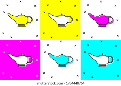 Set Magic lamp or Aladdin lamp icon isolated on color background. Spiritual lamp for wish.  Vector Illustration