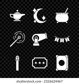 Set Magic lamp o Aladdin, Moon and stars, Witch cauldron, staff, Ticket, Ancient Magic book, wand e icon del cañón. Vector