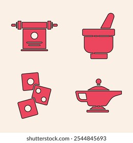 Set Magic lamp or Aladdin, Magic scroll, Magic mortar and pestle and Game dice icon. Vector