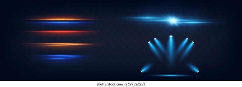 Set of magic light lines. Flash effect. Blue spotlights. Neon laser light beams. On transparent background.