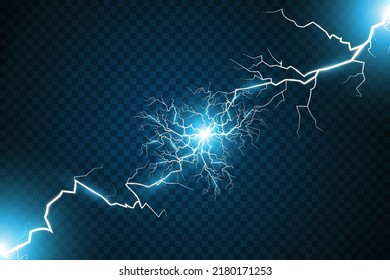 Set of Magic Lightning on a dark blue transparent background. Bright lighting effects with a splash of light dust. Vector illustration

