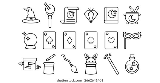 Set of Magic Line Icons Black and White Whimsical Illustrations, Moon, Diamond, Crystal Ball, Bunny, Fantasy, Symbol Vector Design Collections 