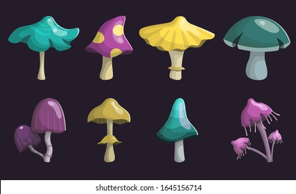 Set of magic luminous mushrooms of different unusual colors: yellow, purple, turquoise. Objects for games, backgrounds or decorations.
