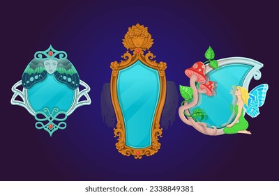 Set of magic mirrors. Creative frame, magic mirror with girl's face and butterfly wings. Beautiful vintage antique magic mirror.A mirror in a drop of water, a fly agaric and a butterfly fairy.