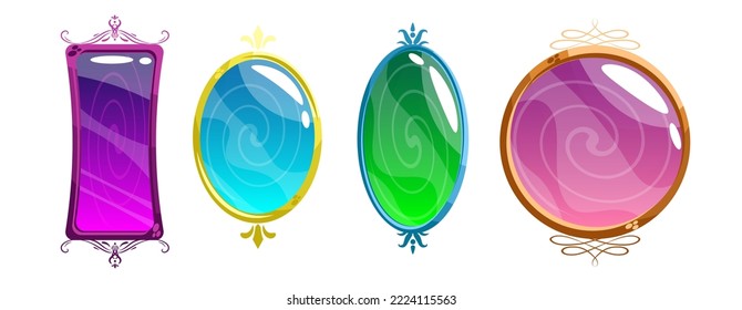 Set of magic mirrors isolated on white background. rpg fantasy game assets and equipment, Cartoon vector illustration