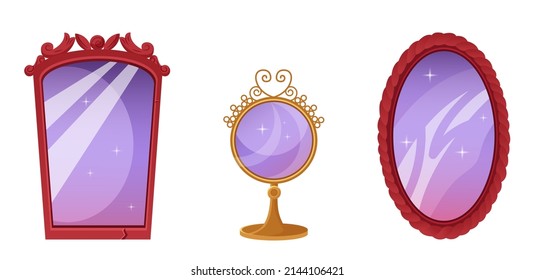 A Set Of Magic Mirrors In A Wooden And Metal Frame. The Wizard's Mirror. Isolated Vector Object For The Game. Cartoon Illustration.