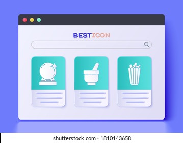 Coloque el mortero y el almirez mágicos, la bola mágica y el palomitas en el icono de la caja. Vector