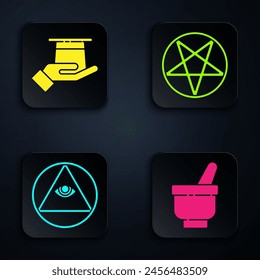 Set Magic mortar and pestle, Magician hat in hand, Masons and Pentagram in a circle. Black square button. Vector