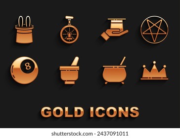 Set Magic mortar and pestle, Pentagram in circle, Crown, Witch cauldron, ball of predictions, Magician hat hand, rabbit ears and Unicycle one wheel bicycle icon. Vector