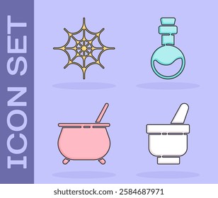 Set Magic mortar and pestle, Spider web, Witch cauldron and Bottle with love potion icon. Vector