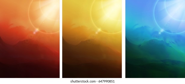 Set of magic mountains backgrounds. Mountains landscape with sun rays. Vector illustration