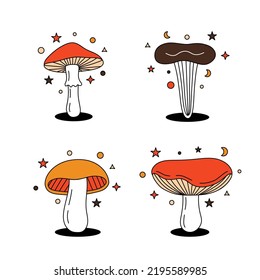 Set of magic mushroom. Different colored mushroom symbols. Psychedelic mushrooms sketch. Mushrooms in hippie 70s retro style. Vector illustration