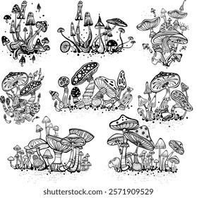 Set of Magic Mushrooms compositions, black and white sketch