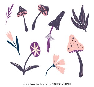 Set of magic mushrooms and flowers. Collection of magic and occultism Mystical and Mysterious objects. Symbol of witchcraft for Halloween. Space cartoon mushrooms. Vector flat illustrations.
