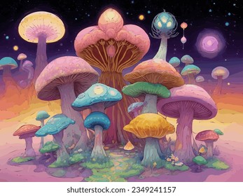 Set of magic mushrooms growing in a clearing. Vector graphics