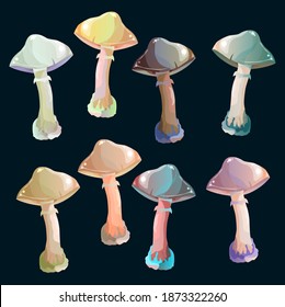 Establecer. Los hongos mágicos. En un fondo oscuro. Hongos multicolores.