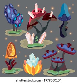 Eine Reihe von zauberhaften Pilzen. Vektorgrafik für ein Märchen, Spiel. Magische Pilze im Elfenwald. Leuchtende Flitterwochen. Das Märchen erwacht. Fiktion. Raum. Kristalle und Moos.