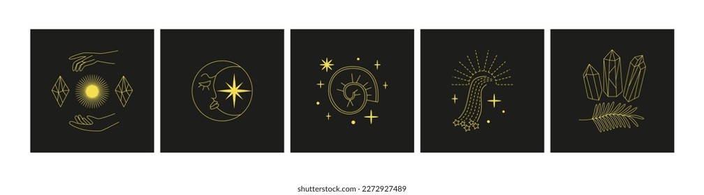 Set of magic mysterious cards, logos, prints. Line art linear hands gestures, crystals, celestial symbols. Witch, esoteric, wizard.