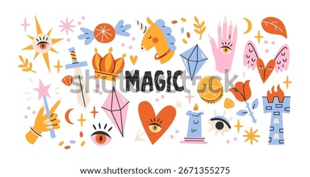 Set of magic and mystical stickers in retro style. Crystals, sword, crown, unicorn, candle, eye, pentagram, heart, moon and castle. Esoteric symbols for fantasy, occult design, tarot and witchcraft