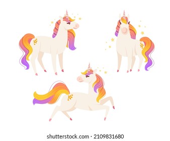 Set of magic mythical animal from fairy tale unicorn cartoon animal design flat vector illustration isolated on white background