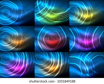 Set of magic neon shape abstract background, shiny light effect template for web banner, business or technology presentation background or elements, vector illustration