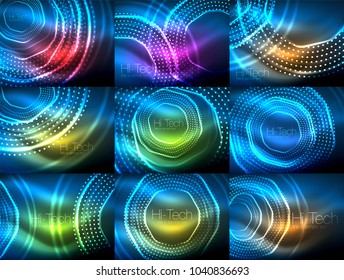 Set of magic neon shape abstract background, shiny light effect template for web banner, business or technology presentation background or elements, vector illustration
