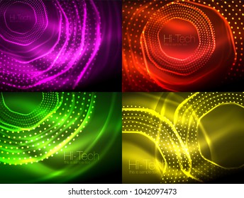 Set of magic neon shape abstract background, shiny light effect template for web banner, business or technology presentation background or elements, vector illustration