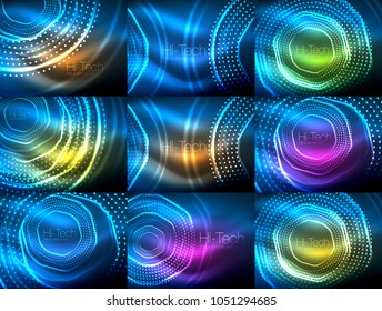 Conjunto de fondo abstracto de forma de neón mágico, plantilla de efecto luminoso brillante para banner web, fondo o elementos de presentación de negocios o tecnología, ilustración vectorial
