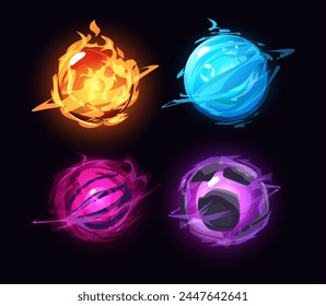 Conjunto de orbes mágicos, esferas de energía de juego colorido, Ilustración vectorial aislada sobre fondo negro. Colección de Elementos de diseño decorativos. Fuego, bolas con brillo mítico, fantasía