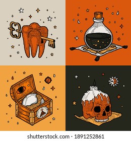 Set Of Magic Pirate Elements On Retro Vintage Orange Background. Sacred Objects. Wooden Chest, Tooth With Key, Glass Bottle With Poison, Human Skull. Greeting Card For All Saints Day, Halloween, Witch