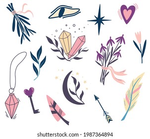Satz von Zauberpflanzen und Symbolen. Mond, Blumen, Auge, Kristalle, Kräuter, Federn. Handgezeichnete Illustrationen für Tätowierungen, Textilien, Karten, Halloween-Dekor. Vektorgrafik im Cartographie-Stil