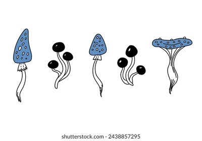 Set of magic poisonous mushrooms. Tattoo fungus design, trendy romance symbol. Witch amanita mushrooms for Halloween. Vector doodle toadstool illustration