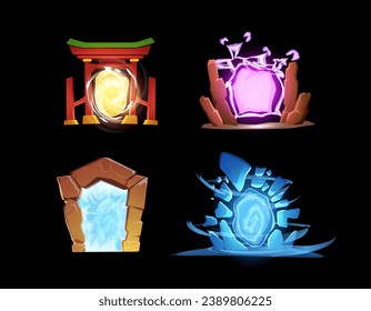 Set of magic portals flat style, vector illustration isolated on black background. Decorative design elements collection for game or web, glowing teleport, fantasy and futuristic