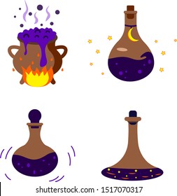 Set of magic potion in a bottle, witchcraft. Happy Halloween. Game icon of magic elixir. Design for app user interface. Flat vector isolated illustration. Poison liquid