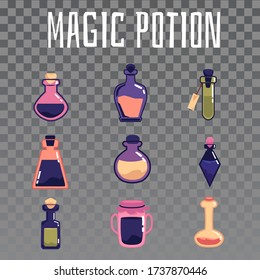 Set of magic potion bottles cartoon icons vector illustration isolated on white background. Glass flasks with bright alchemy liquid or elixir collection.