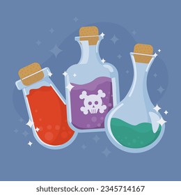 Set of magic potion in glass bottles. Liquid poison illustration. Flat design. Halloween element. Chemical objects.