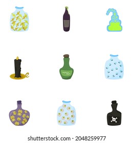 A set of magic potions. Bottles with multi-colored liquid. Jars with the witch s magic ingredients for a magic potion. Poison, potion, elixir, fly agaric. Design for Halloween.