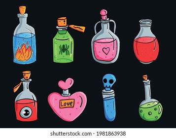 A set of magic potions. Cartoon bottles or flasks. Poison, love potion and antidote. Vector illustration in the style of fantasy for fairy tales.
