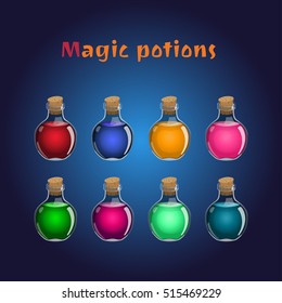 Set if magic potions. Collections of elixirs for the game interface. Vector illustration