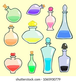 Set of magic potions of different colors and shapes