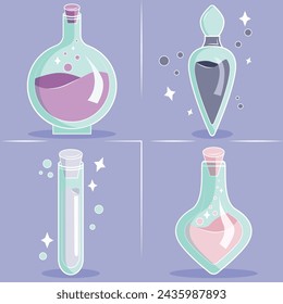 A set of magic potions in different glass flasks. Magical attributes hand-drawn in vector.