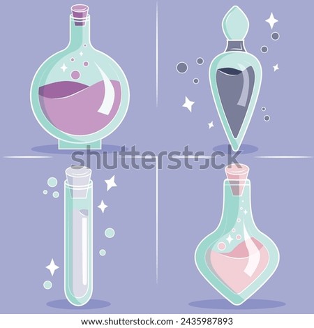 A set of magic potions in different glass flasks. Magical attributes hand-drawn in vector.