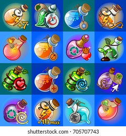 Set of magic potions in glass flasks isolated on blue background. Sketch for stickers, card, seamless texture for wrapping paper on theme of alternative medicine. Cartoon vector close-up illustration.